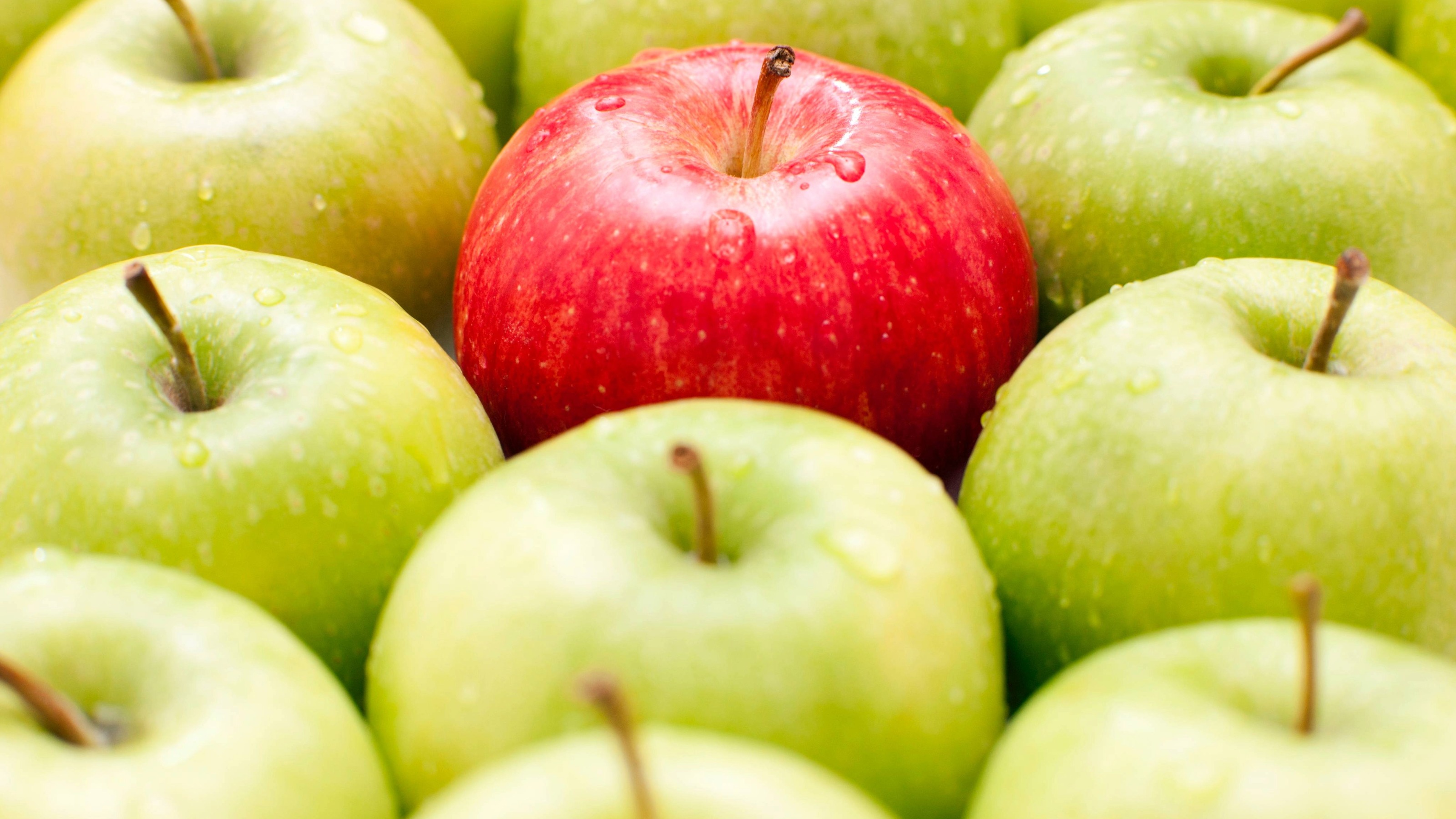 Close up of juicy red apple surrounded by green apples
