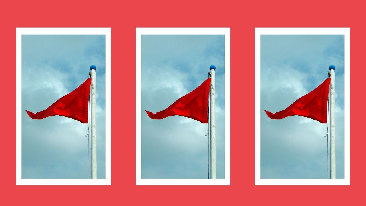 three red flags on a blue sky on a red background