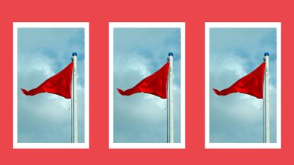 three red flags on a blue sky on a red background