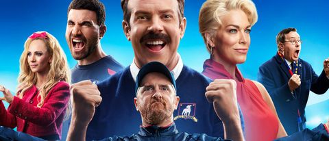 (L to R) Juno Temple as Keeley Jones, Brett Goldstein as Roy Kent, Jason Sudeikis as Ted Lasso, Brendan Hunt as Coach Beard, Hannah Waddingham as Rebecca Welton, and Jeremy Swift as Leslie Higgins in Ted Lasso season 3's poster art