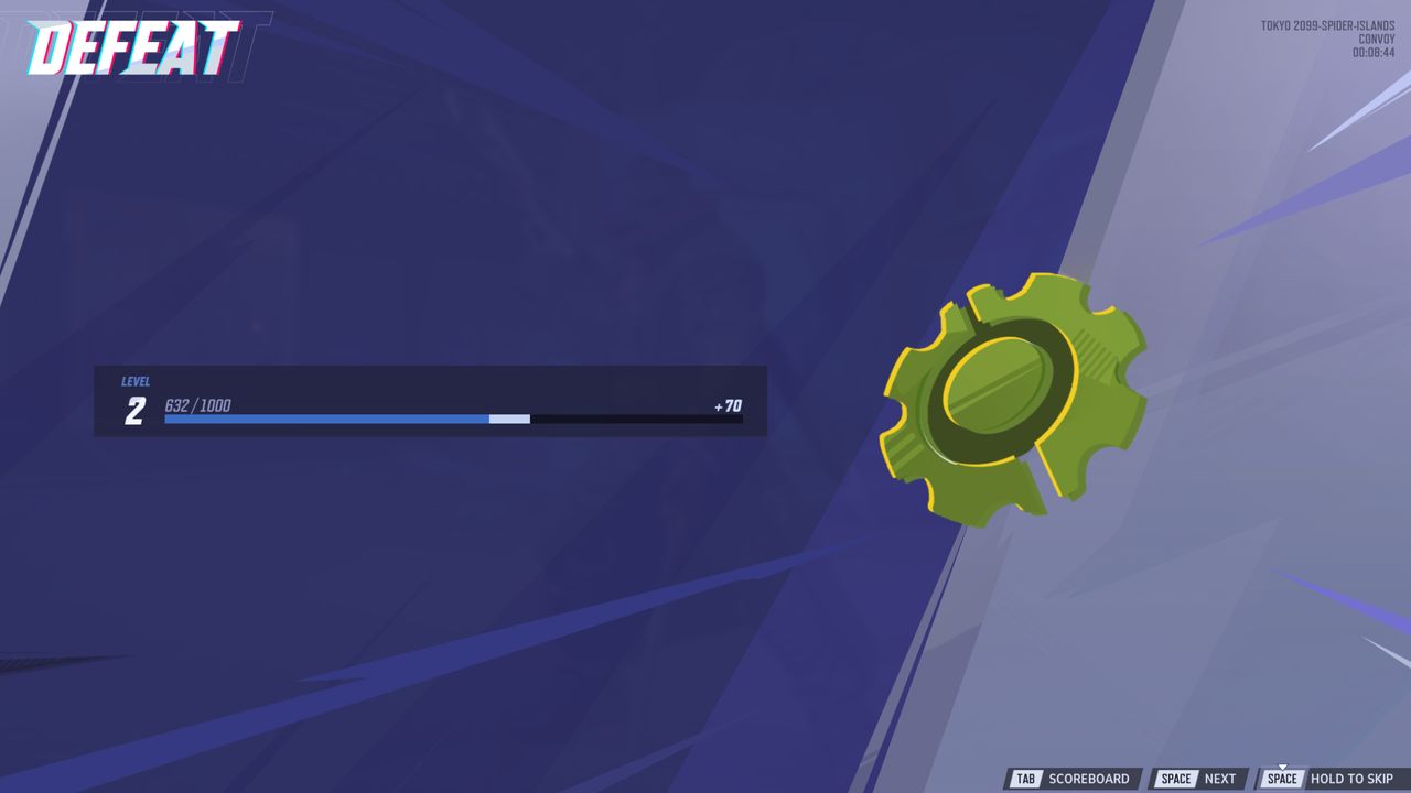 Marvel Rivals 3.5 end of match screen: The new end-of-match overview screen, with a green cog next to an experience bar, and a skip button in the bottom right.