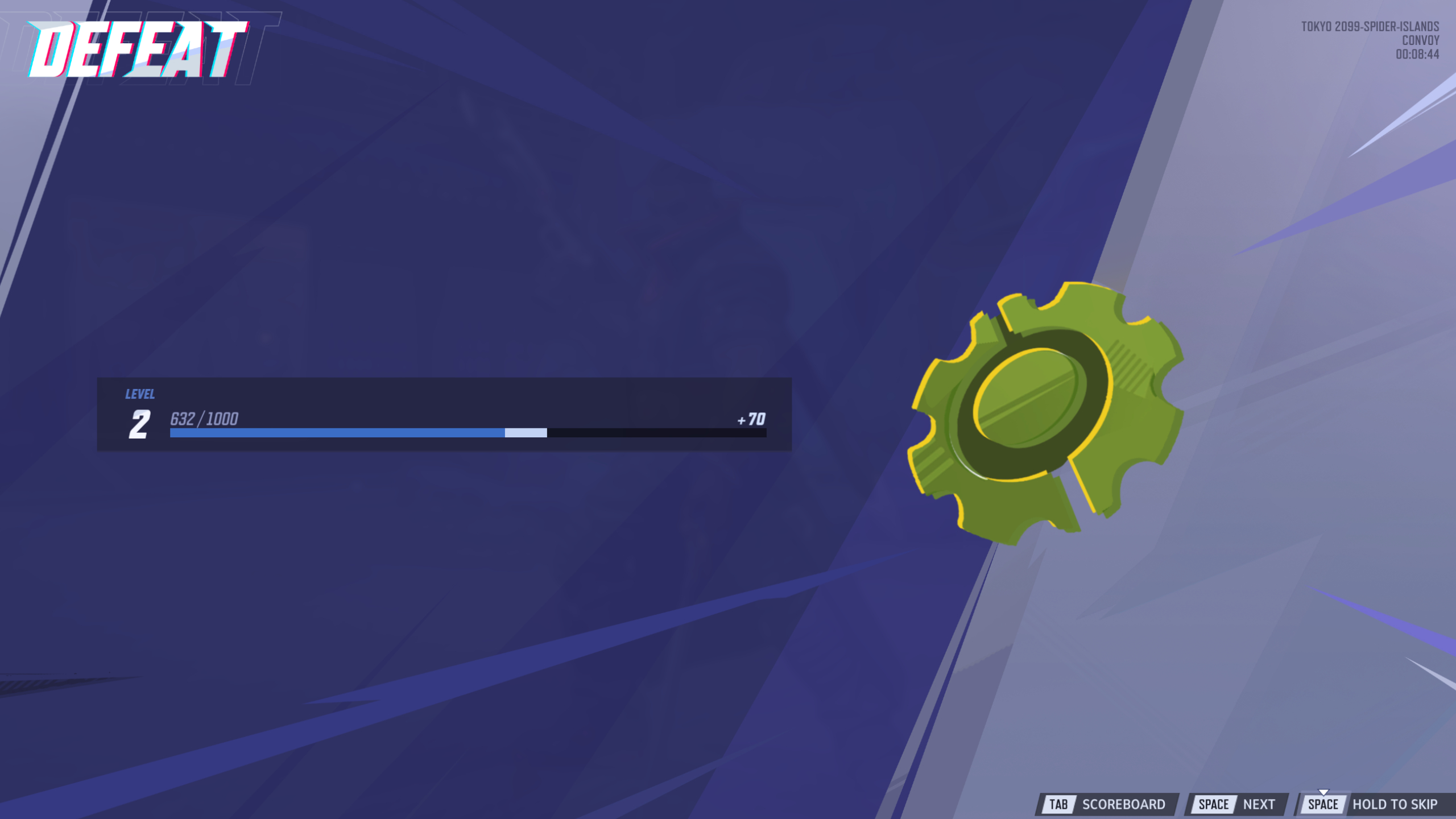 Marvel Rivals 3.5 end of match screen: The new end-of-match overview screen, with a green cog next to an experience bar, and a skip button in the bottom right.