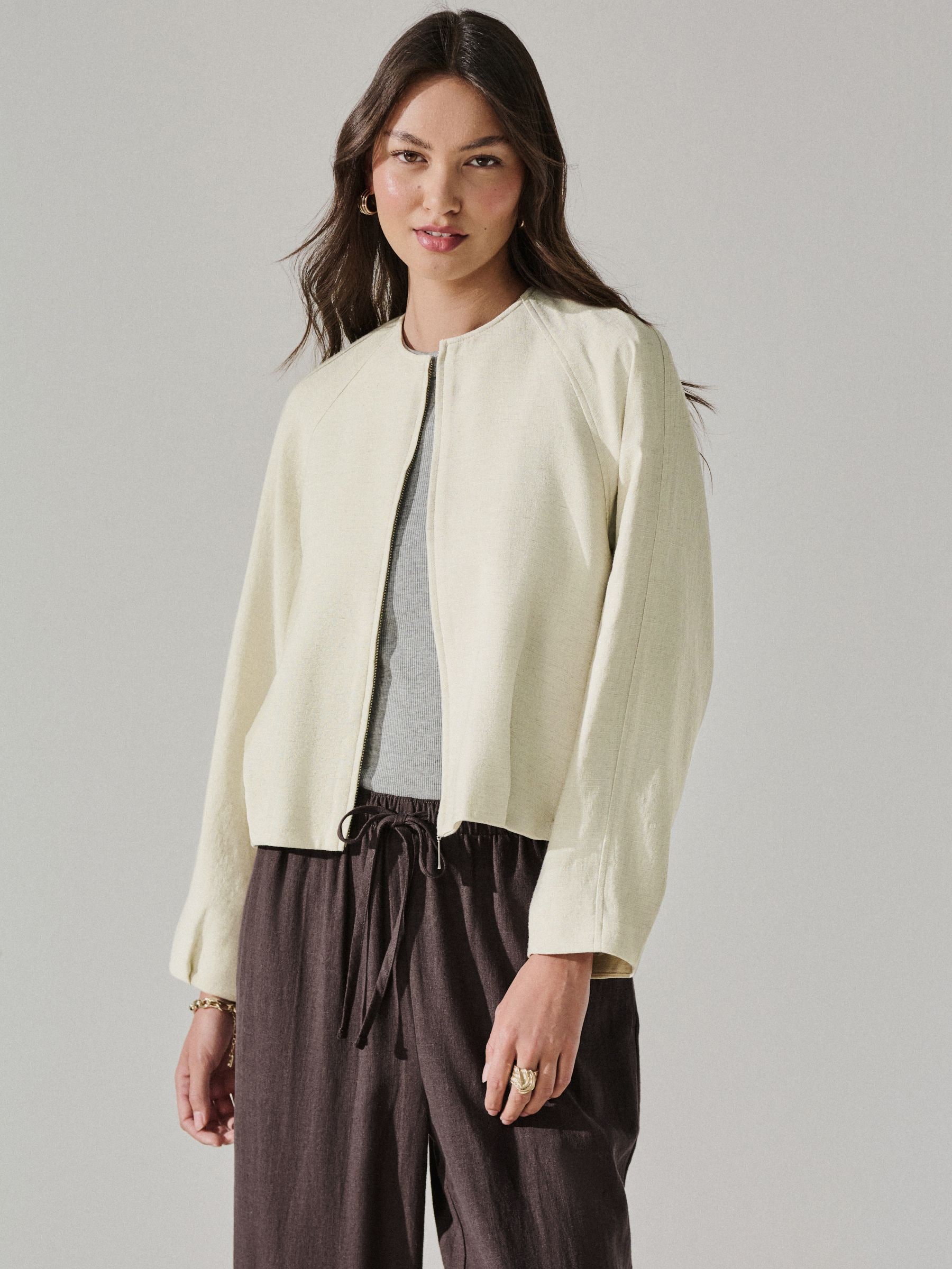 Neutral Lightweight Collarless Bomber Jacket With Linen