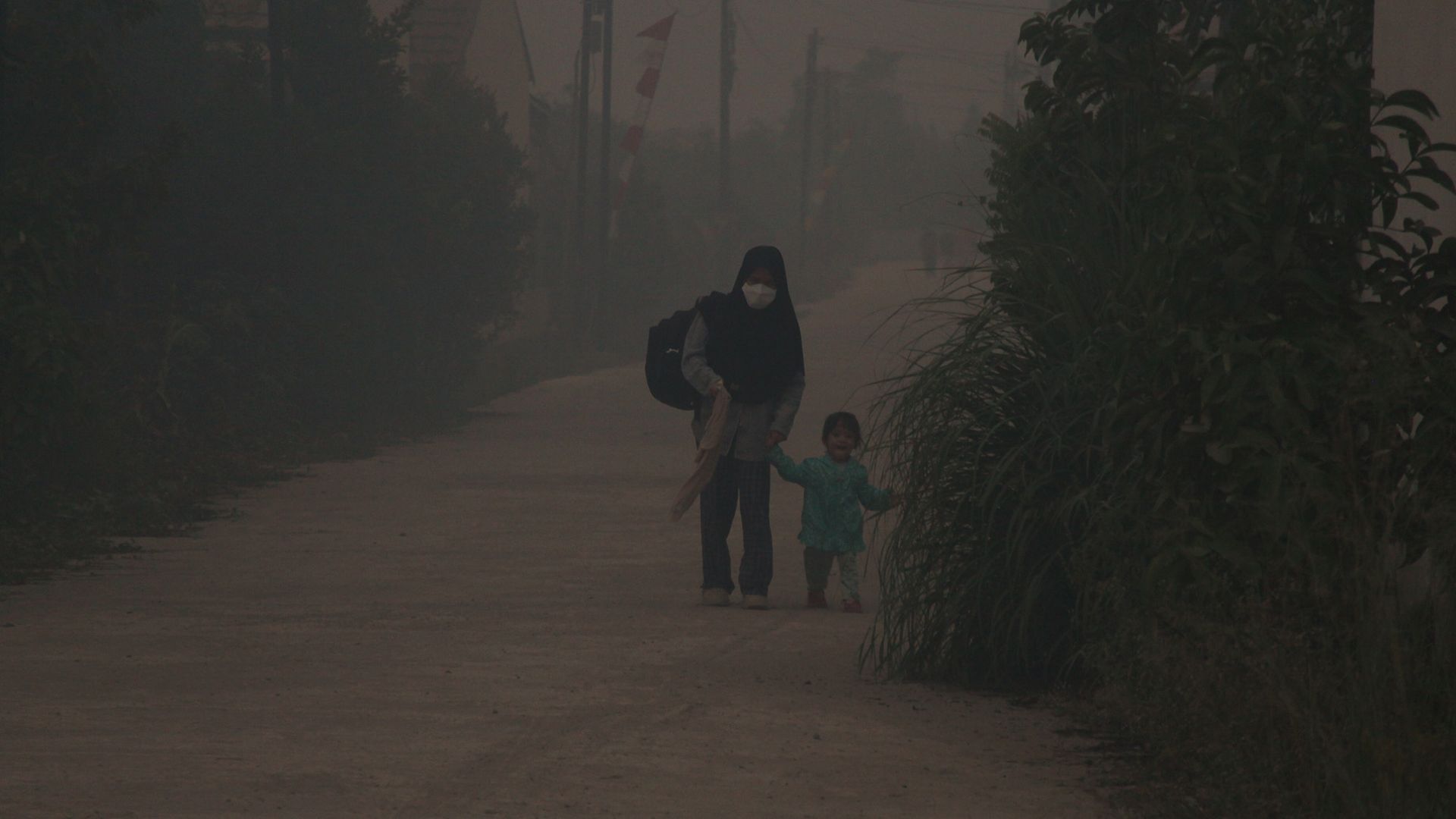 A parent and their child walk down a hazy road wearing white masks.
