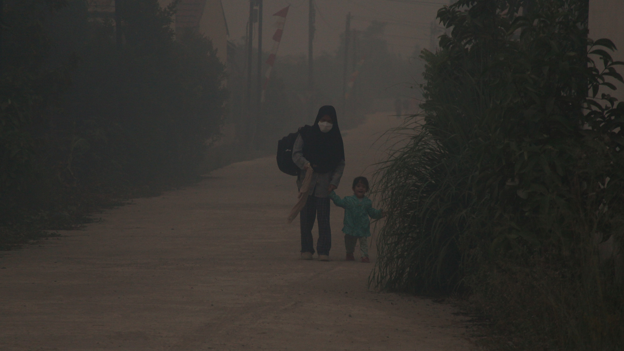 A parent and their child walk down a hazy road wearing white masks.