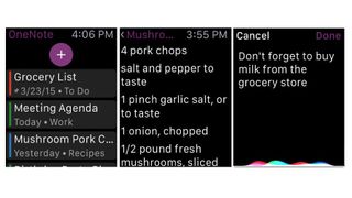 Skjermbilder fra appen OneNote på en Apple Watch.