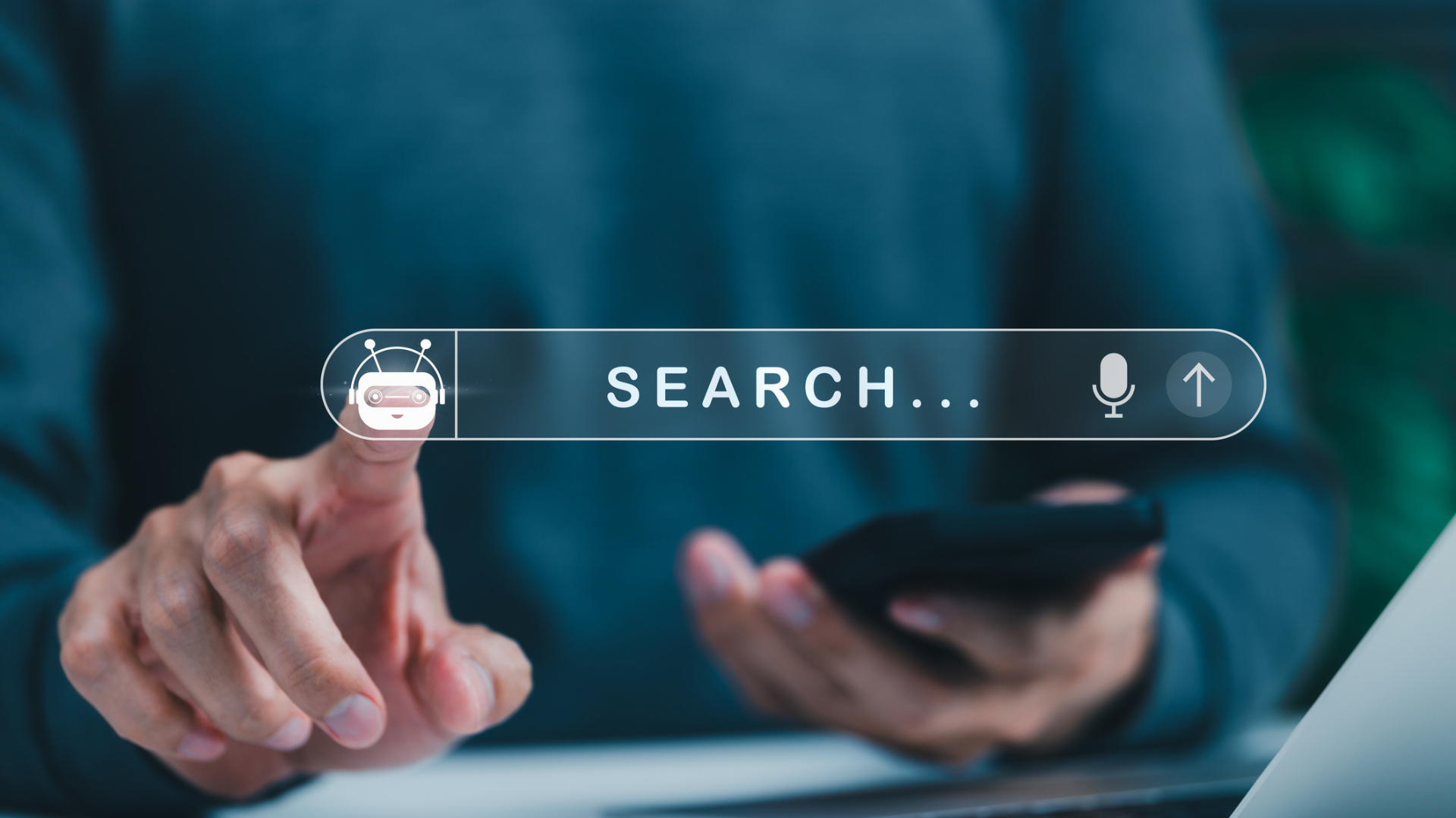 A search bar with an AI button, with a man holding a phone and pressing the button with his finger