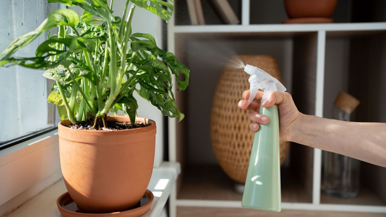 Someone spraying a potted monstera plant with a green spray bottle