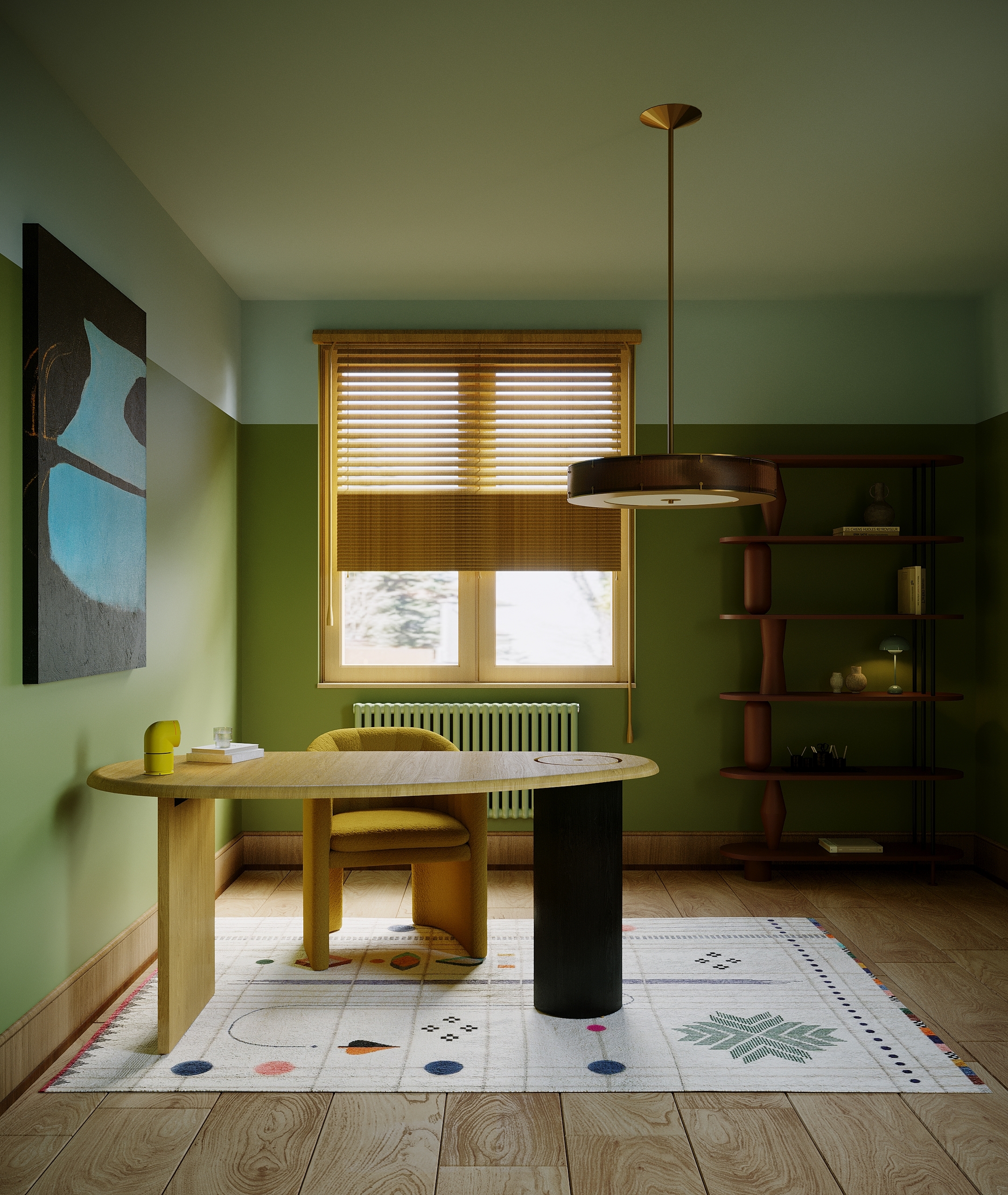 A green home office with a yellow window, a patterned rug, a bean desk, a yellow chair, and a wood open shelf