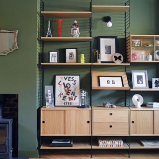 Green living room with shelving