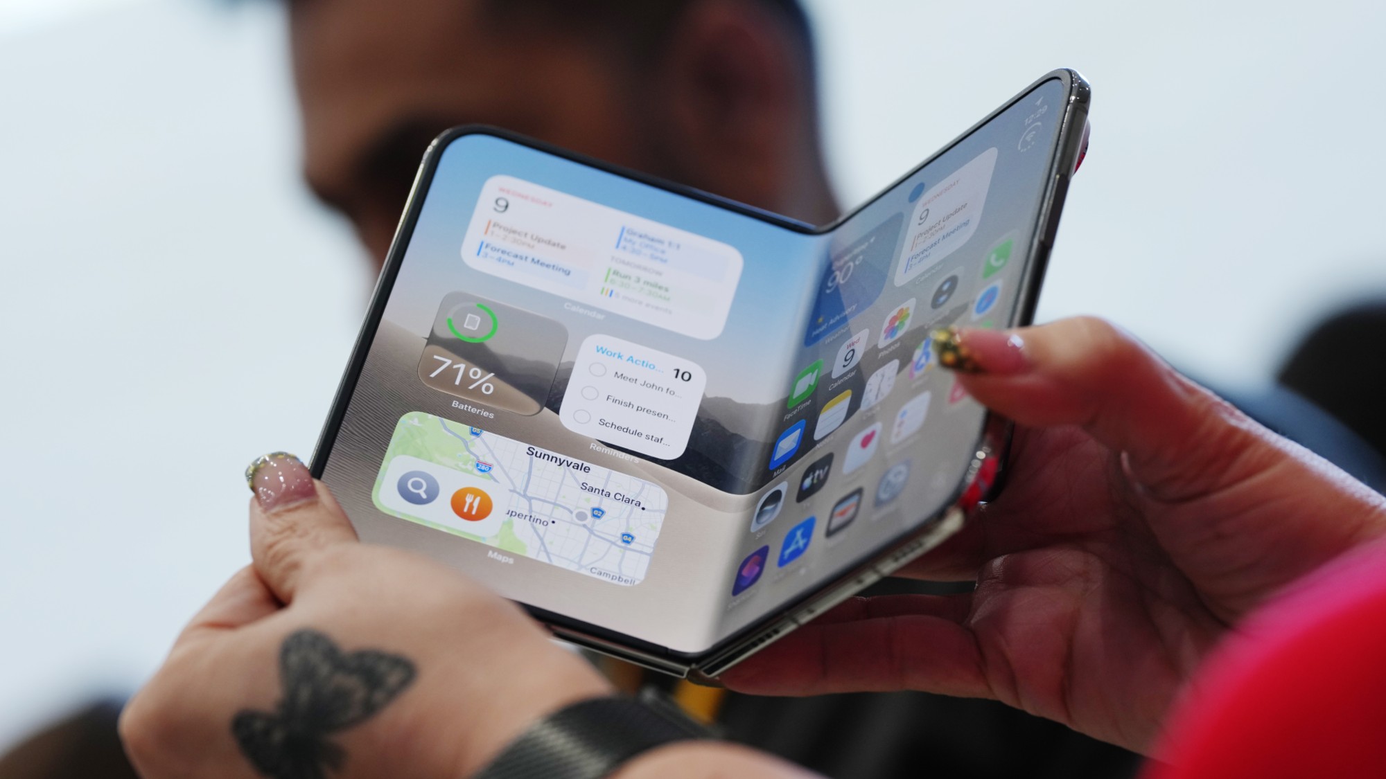 An Apple iPhone Duo is seen during the technology&rsquo;s unveiling event. 