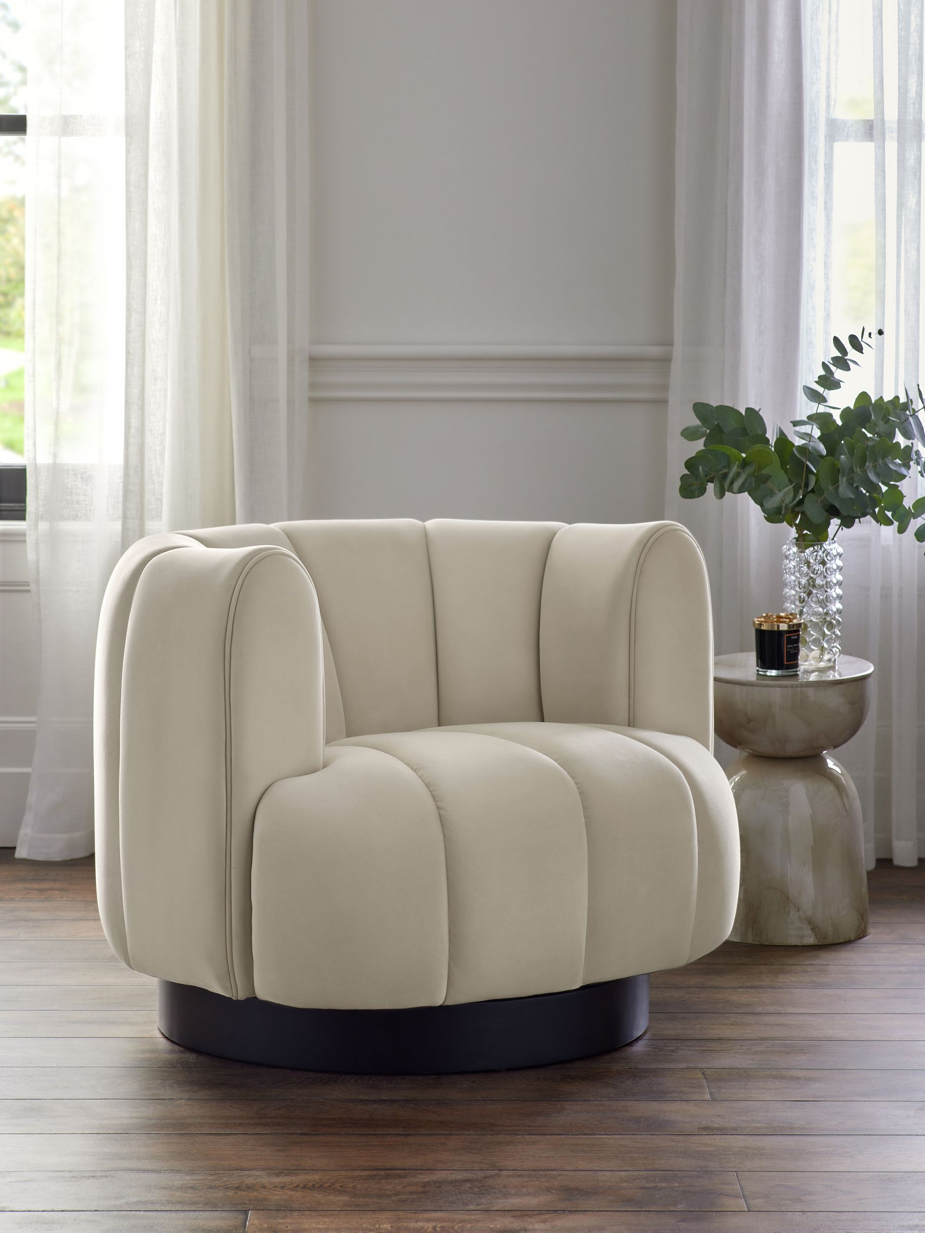Soft Velvet Pebble Natural Valencia Swivel Accent Chair