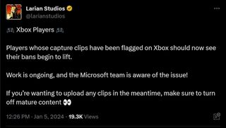 🎮 Xbox Players 🎮 Players whose capture clips have been flagged on Xbox should now see their bans begin to lift. Work is ongoing, and the Microsoft team is aware of the issue! If you’re wanting to upload any clips in the meantime, make sure to turn off mature content 👀