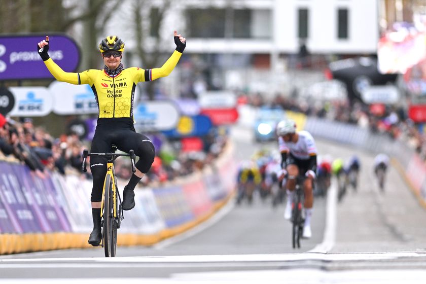 NINOVE, BELGIUM - FEBRUARY 24: Jan Tratnik of Slovenia and Team Visma | Lease A Bike celebrates at finish line as race winner during the 79th Omloop Het Nieuwsblad 2024, Men&#039;s Elite a 202.2km one day race from Ghent to Ninove / #UCIWT / on February 24, 2024 in Ninove, Belgium. (Photo by Luc Claessen/Getty Images)