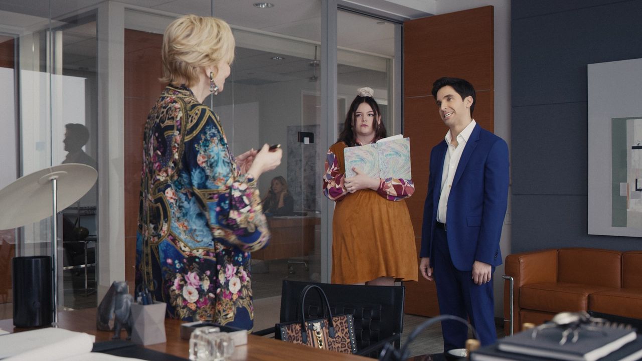 Jean Smart, Megan Statler and Paul Downs meet in an office in Hacks