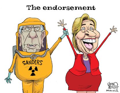 Political cartoon U.S. Bernie in a hazmat suit