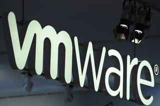 The VMware logo pictured at Mobile World Congress in March 2023