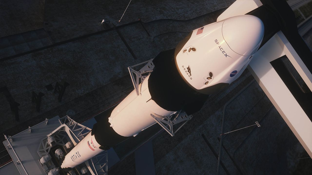An illustration of a SpaceX Crew Dragon and its Falcon 9 rocket on Launch Pad 39A of NASA's Kennedy Space Center in Florida.