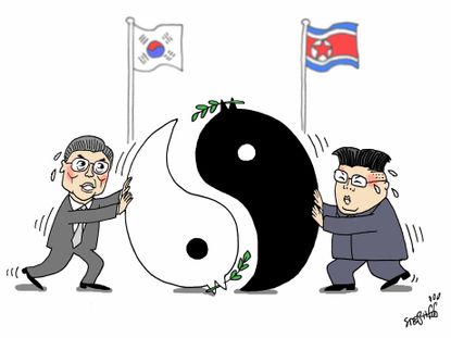 Political cartoon World Kim Jong Un Moon Jae in South Korea North Korea summit