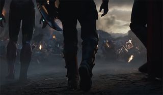 Iron Man, Cap and Thor walking towards Thanos