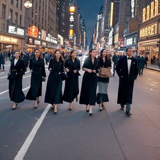 A Stable Diffusion AI generated image of people in formal attire walking down a street. Their outfits subliminally spell out the word 'obey'