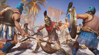 Assassin's Creed games in order: A Spartan holding a sword and being surrounded by enemies during Assassin's Creed Odyssey.