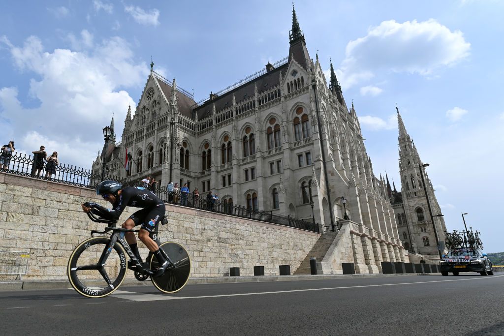 BUDAPEST HUNGARY MAY 07 Chris Hamilton of Australia and Team DSM sprints next to the Hungarian Parliament in the city of Budapest during the 105th Giro dItalia 2022 Stage 2 a 92km individual time trial stage from Budapest to Budapest ITT Giro WorldTour on May 07 2022 in Budapest Hungary Photo by Stuart FranklinGetty Images