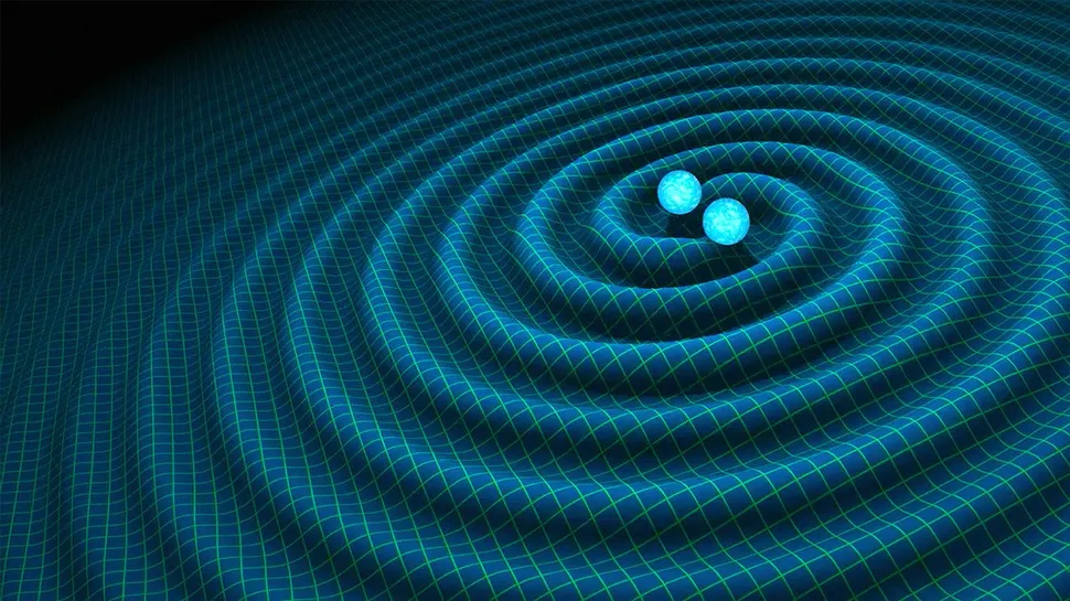 One manifestation of general relativity is gravitational waves, depicted here as created by two colliding black holes. the fabric of space-time. (Image credit: R. Hurt/Caltech-JPL)