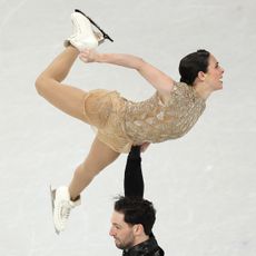 MILAN, ITALY - FEBRUARY 15: Deanna Stellato-Dudek and partner Maxime Deschamps of Team Canada compete in Pair Skating - Short Program on day nine of the Milano Cortina 2026 Winter Olympic games at Milano Ice Skating Arena on February 15, 2026 in Milan, Italy.