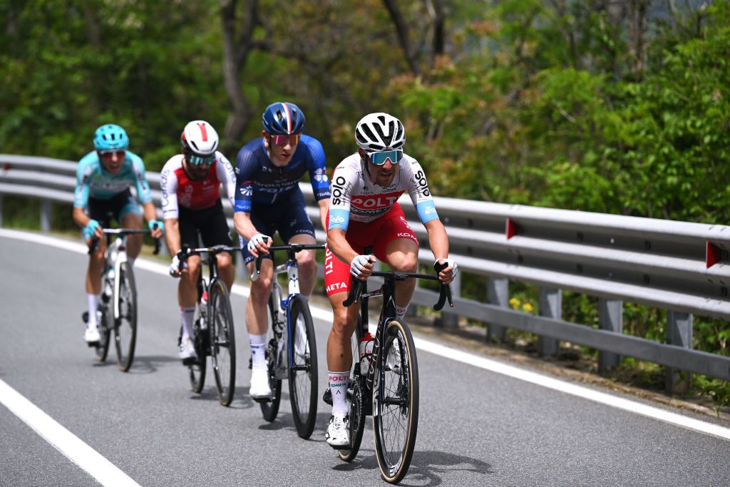 LUCCA ITALY MAY 08 Mattia Bais of Italy and Team Polti Kometa competes in the breakaway during the 107th Giro dItalia 2024 Stage 5 a 178km stage from Genova to Lucca UCIWT on May 08 2024 in Lucca Italy Photo by Dario BelingheriGetty Images