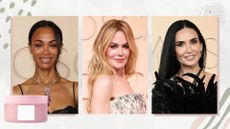 Three images showing Zoe Saldana, Nicole Kidman and Demi Moore on the 2026 Oscars red carpet, on a white background with pink and green spots and stripe details and pink tub of Glow Recipe Toner Pads
