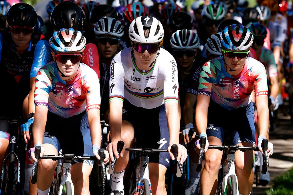 GENNEP NETHERLANDS SEPTEMBER 06 LR Neve Bradbury of Australia and Team CanyonSram Racing Lotte Kopecky of Belgium and Team SD Worx and Alice Towers of The United Kingdom and Team CanyonSram Racing compete during the 25th Simac Ladies Tour 2023 Stage 1 a 1391km stage from Gennep to Gennep UCIWWT on September 06 2023 in Gennep Netherlands Photo by Bas CzerwinskiGetty Images