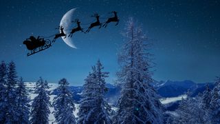 santa's sleigh being pulled by 4 reindeer against the moon in a dark sky above a snowy forest scene