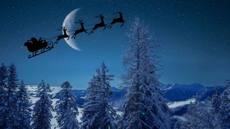 santa's sleigh being pulled by 4 reindeer against the moon in a dark sky above a snowy forest scene