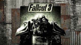 The Fallout 3 cover art on a background of old metal and brick.