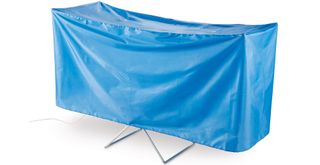 blue cover over the Aldi heated clothes airer to show how to create a drying pod