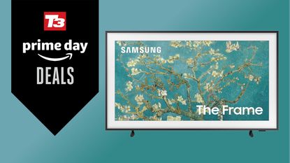 The Samsung The Frame on a grey-blue background