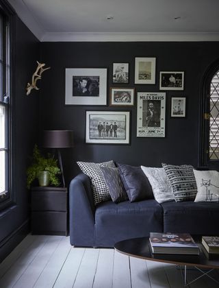 dark blue living room with dark blue sofa