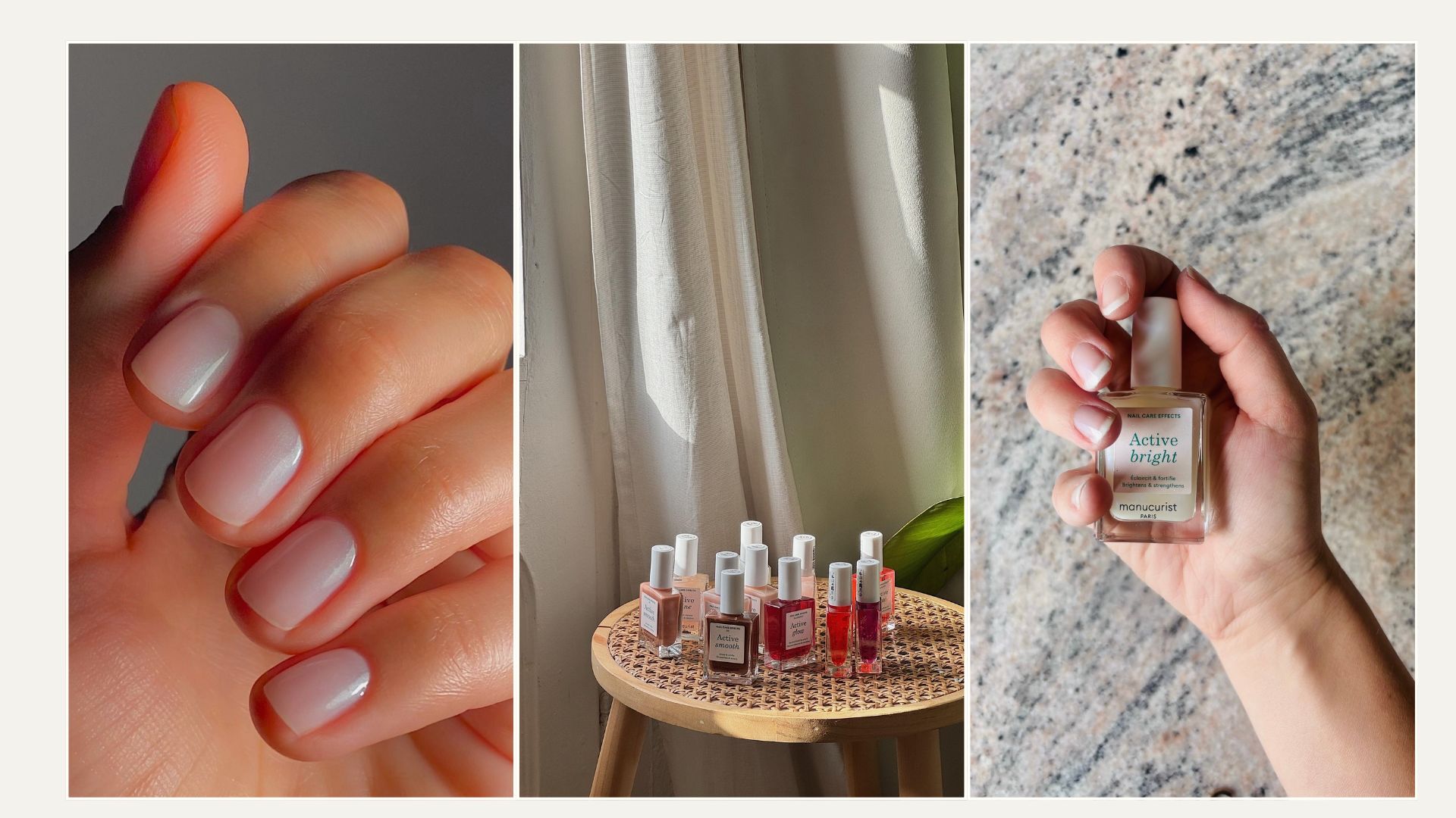 Manucurist Active Bright painted on nails, along with a selection of manucurist nail polishes