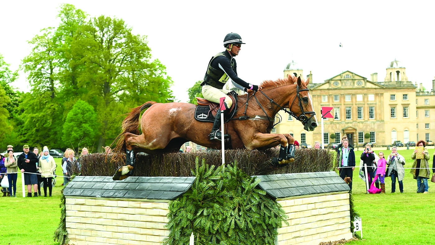 Andrew Nicholson (NZL) riding Nereo, during the cross country phase of the Badminton Horse Trials at Badminton House in the Village of Badminton in South Gloucestershire in the UK on the 6th May 2017