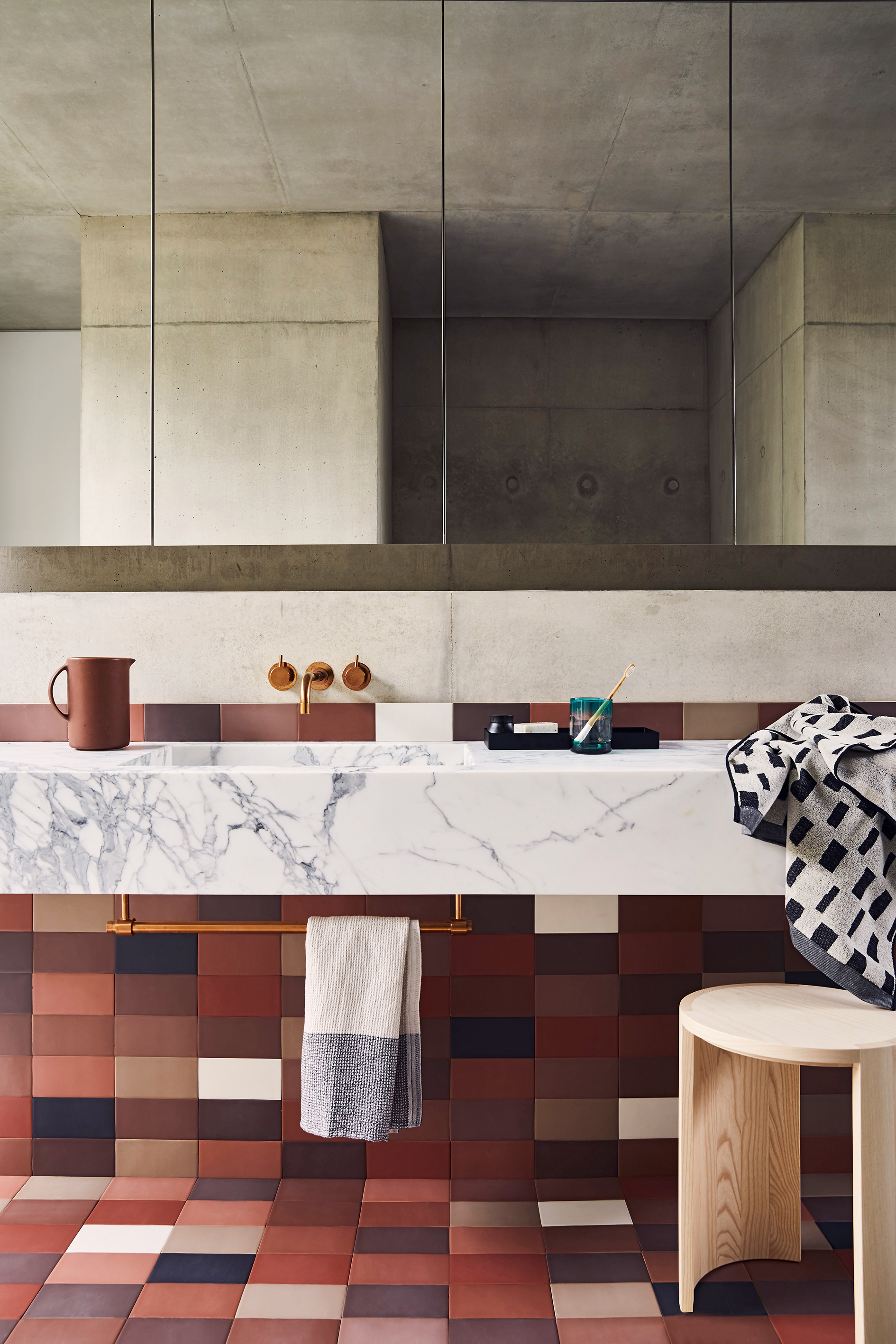 Bathroom with warm terracotta tiles