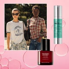 a pink bubble background with two models next to a green and silver bottle of skincare and a red and black bottle of skincare