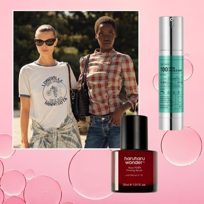 a pink bubble background with two models next to a green and silver bottle of skincare and a red and black bottle of skincare