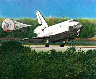 Atlantis' landing at the end of its STS-132 mission is the focus of Lloyd Behrendt's "Handoff" piece. The painting represents the transition from NASA's 30-year space shuttle program to the future of commercial spaceflight.