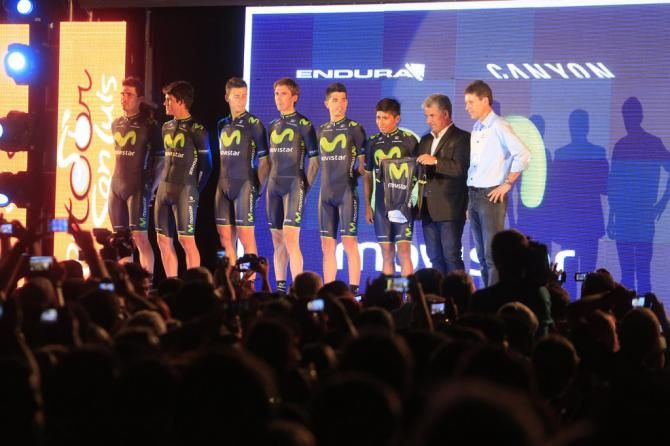 Movistar presented to the crowd with Nairo Quintana receiving large cheers
