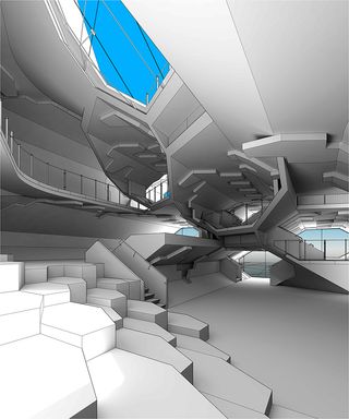 Digital design of Didier Faustino's honeycomb-inspired building. Interior view.