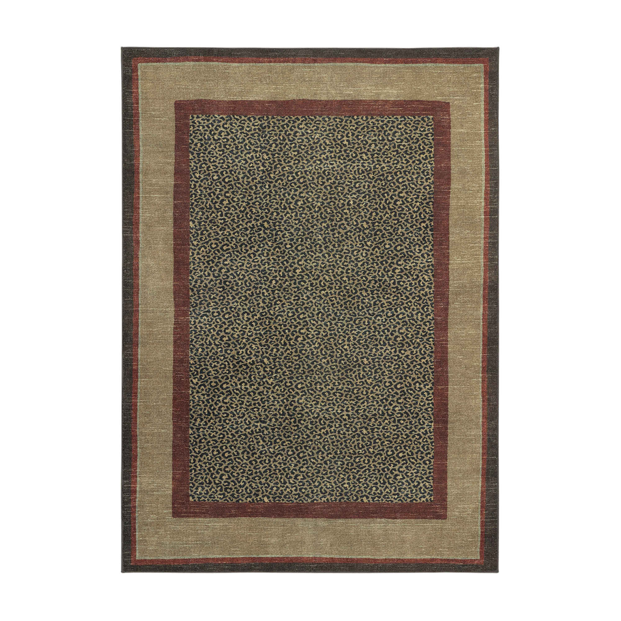 a cheetah print rug with a soft gold and red border