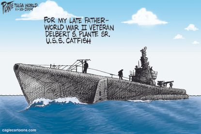 Political Cartoon U.S. Memorial Day World War II veterans Delbert S Plante USS catfish