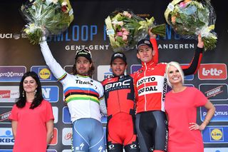 Omloop Het NIeuwsblad podium: Peter Sagan (Tinkoff), Greg Van Avermaet (BMC) and Tiesj Benoot (Lotto Soudal)