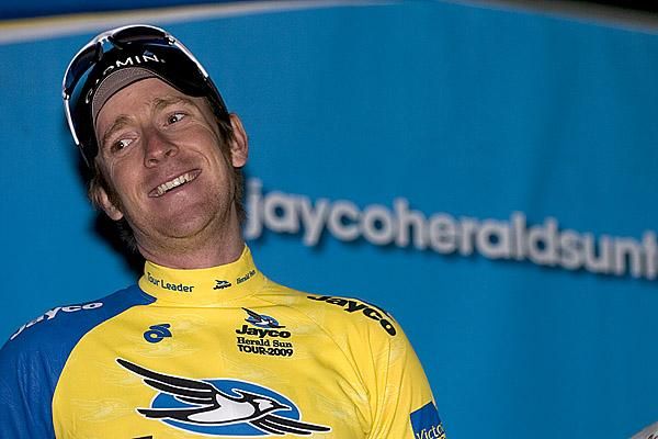 Tour winner Brad Wiggins (Garmin-Slipstream) on the podium in Carlton a happy man.